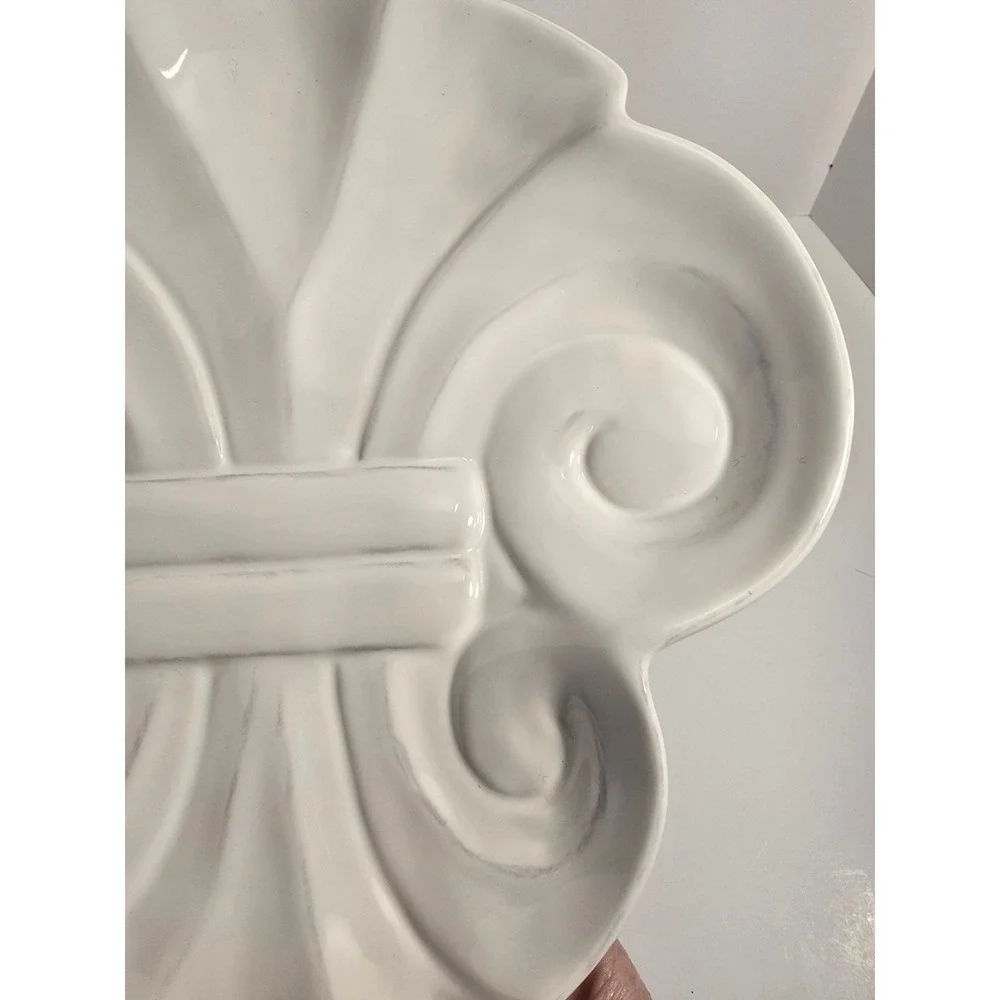 Embossed Stoneware Fleur De Lis Serving‎ Plate White 15.5x11.5 Inch Dinnerware